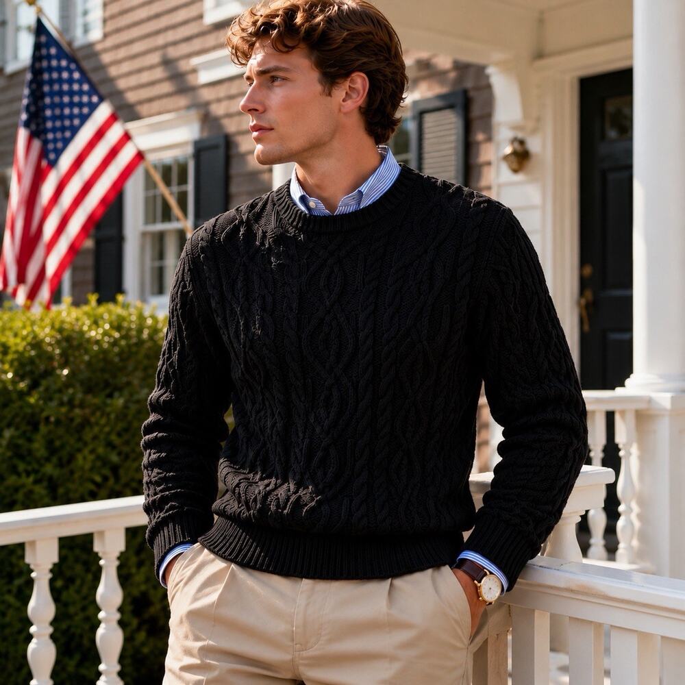 Vtg Grant Thomas Mens Medium Black Cable Knit Cotton Crewneck Sweater Classic